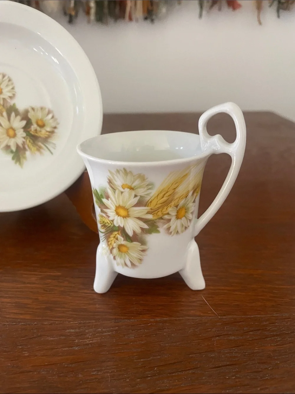 Pier one White Floral Demitasse Cup and Saucer - White with Yellow Daisy Motif